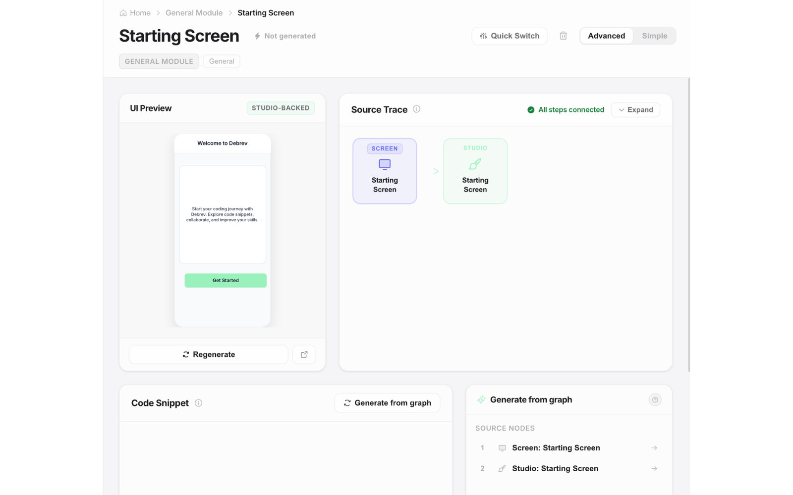 Code tab in Debrev Designer — view 1 of 3